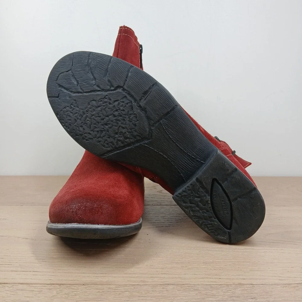 Earth Ankle Boots Women 8W Red Suede Slouchy Buckle Zip Relief Pod Mid Calf